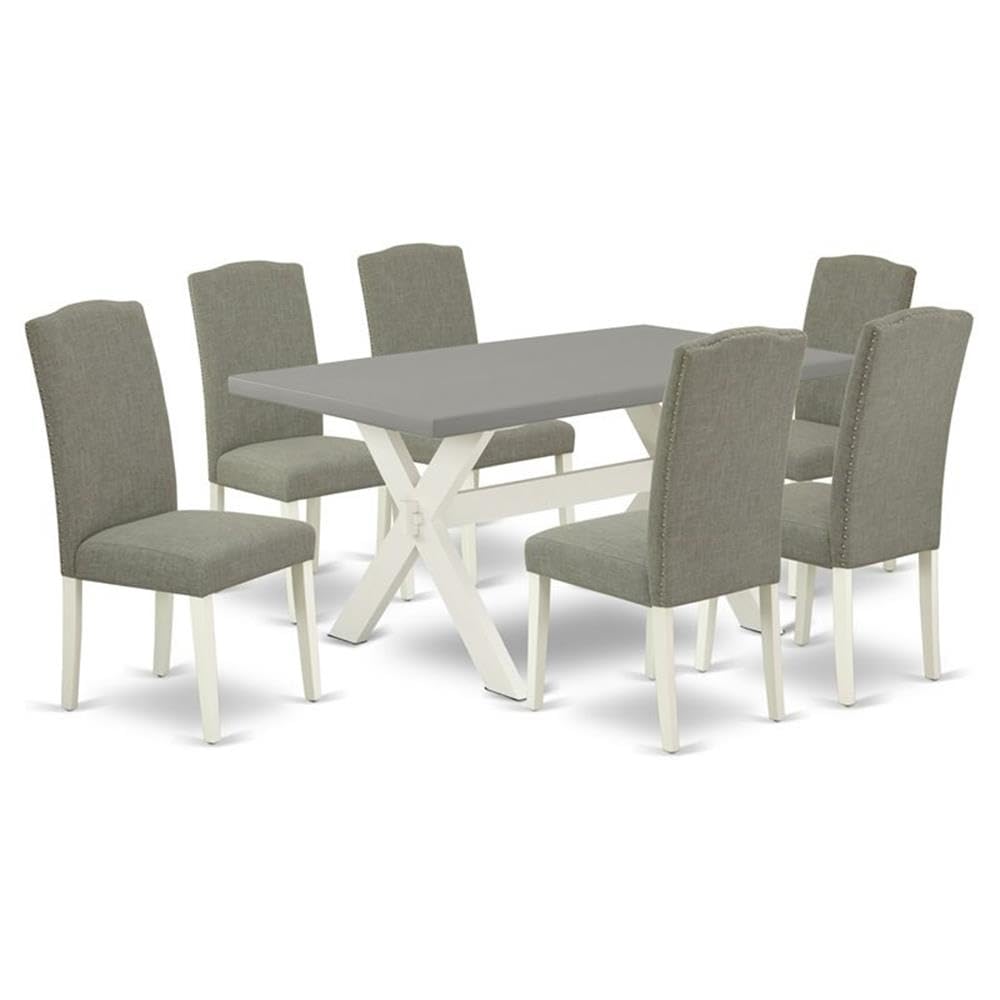 East West Furniture X096En206-7 7 Piece Dining Table Set Consist Of A Rectangle Dining Room Table With X-Legs And 6 Dark Shitake Linen Fabric Upholstered Chairs, 36X60 Inch, Multi-Color